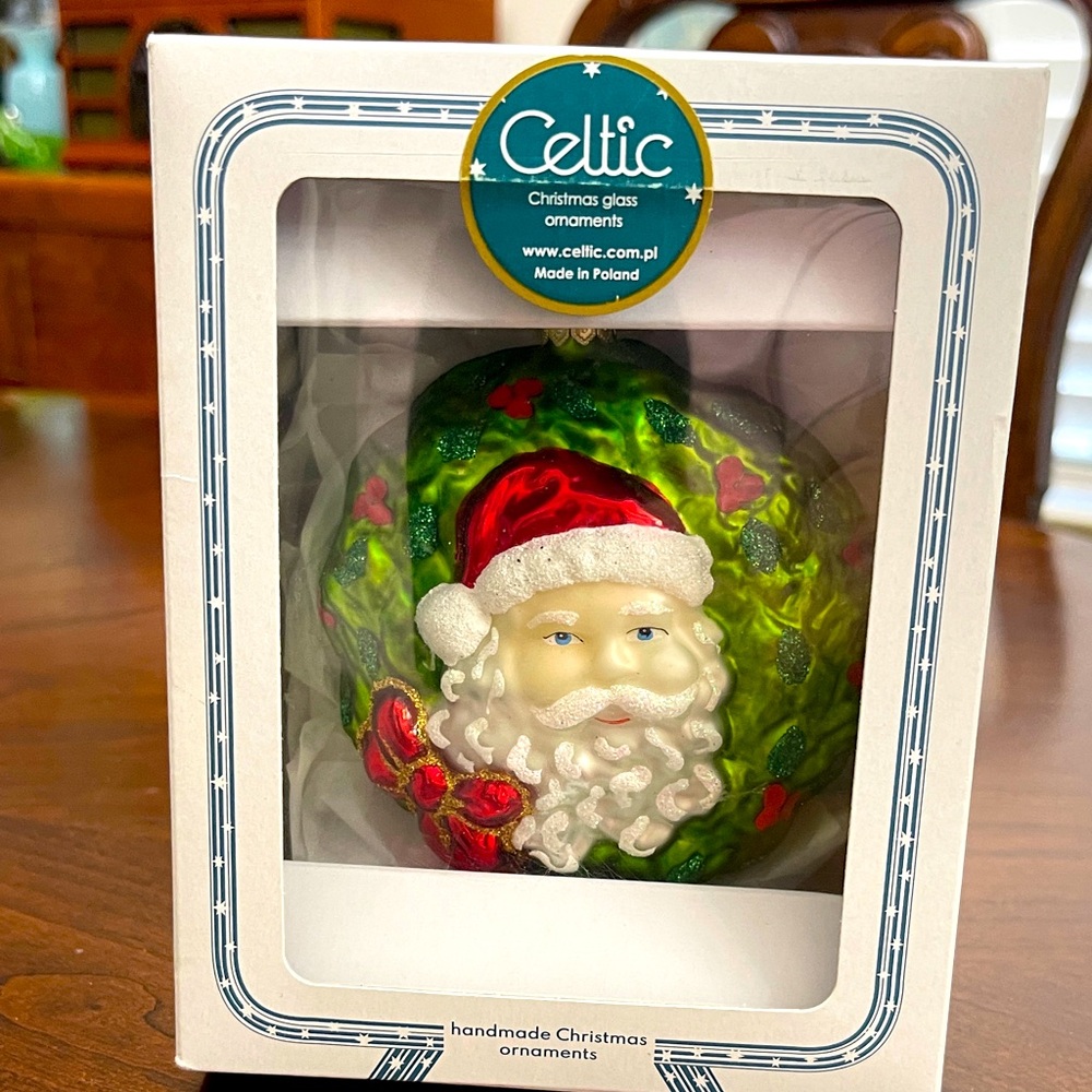 Celtic Christmas glass Santa ornament